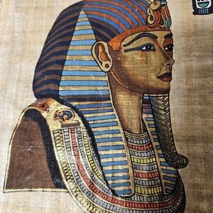 Vintage 70s Egyptian Pharaoh Tutankhamen Funeral Mask Painting on Papyrus